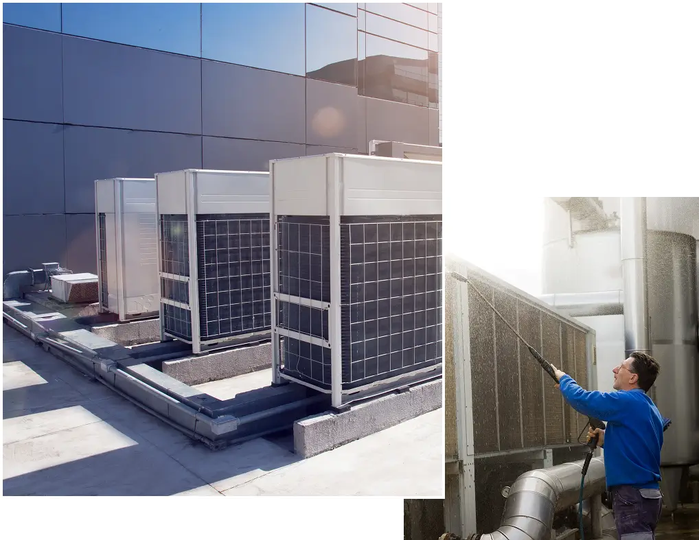 HVAC units being cleaned on a rooftop.