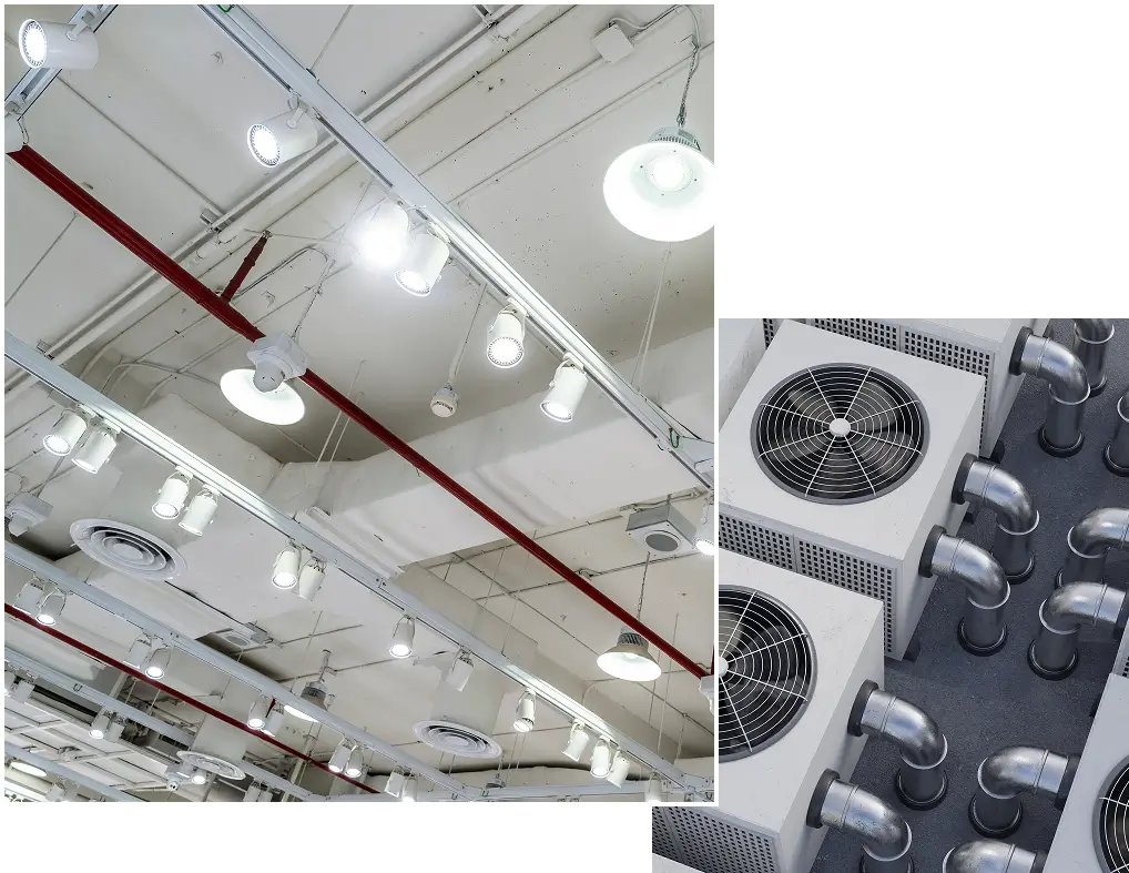 Ceiling lights and air conditioning units.