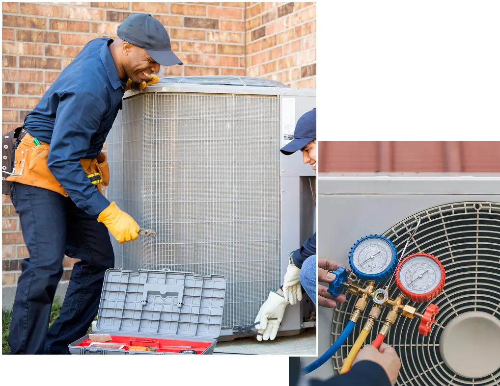 HVAC technician servicing air conditioning unit.